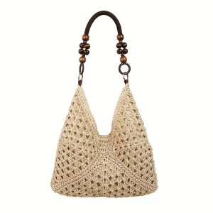 1pc Women'S Elegant Plaid Knit Shoulder Backpack - Beige & Khaki Crossbody Handbag with Fixed Buckle Closure, Durable Polyester Lining & Beige Lining, Versatile for Beach, Travel, Commuting & Daily Use, Hand Washable Fabric, Spacious Casual & Profes