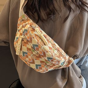 New Retro Ethnic Style Sports Chest Bag, High-end Crossbody Bag, Large Capacity Diamond Grid Mobile Waist Bag