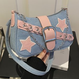 Women's Shoulder Bag, Women's Casual and Fashionable Shoulder Crossbody Bag | Nylon Fabric+pink Star Decoration Metal Chain+adjustable Shoulder Strap, Sweet and Cool Style, Versatile for Commuting and Shopping, Smooth Zipper+large Capacity