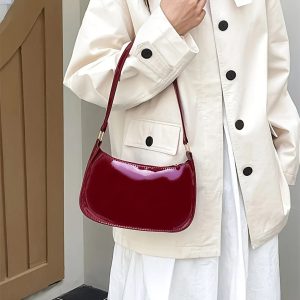 Women's Retro Hong Kong-Style Handbag & Crossbody Bag - Lightweight Zipper Closure Purse with Fixed Strap, Plain Redu002F Casual Everyday Bag, Minimalist for Asian Fashion Style
