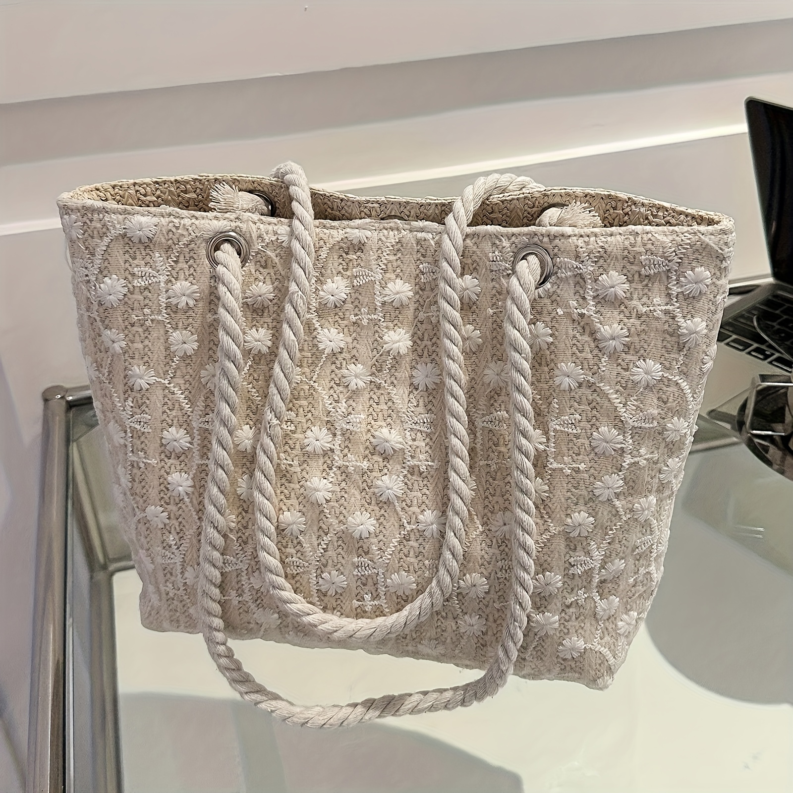 Thanksgiving Gift for Women, Elegant Beige Lace Tote Bag, Straw Woven Beach Bag with Zipper Pocket, Lightweight Purse for Wedding Holiday