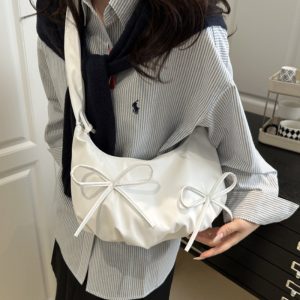 Women'S Crossbody Bag with Bow Accent - Purse, Zipper Closure, Elegant Everyday & Formal Handbag for Women - Minimalist Chic Shoulder Bag, Versatile Accessory, Pleated Handle Design, Sturdy Construction, Fashionable Tote, Stylish Ladies, New trendy and stylish women'S handbags featuring unique designs